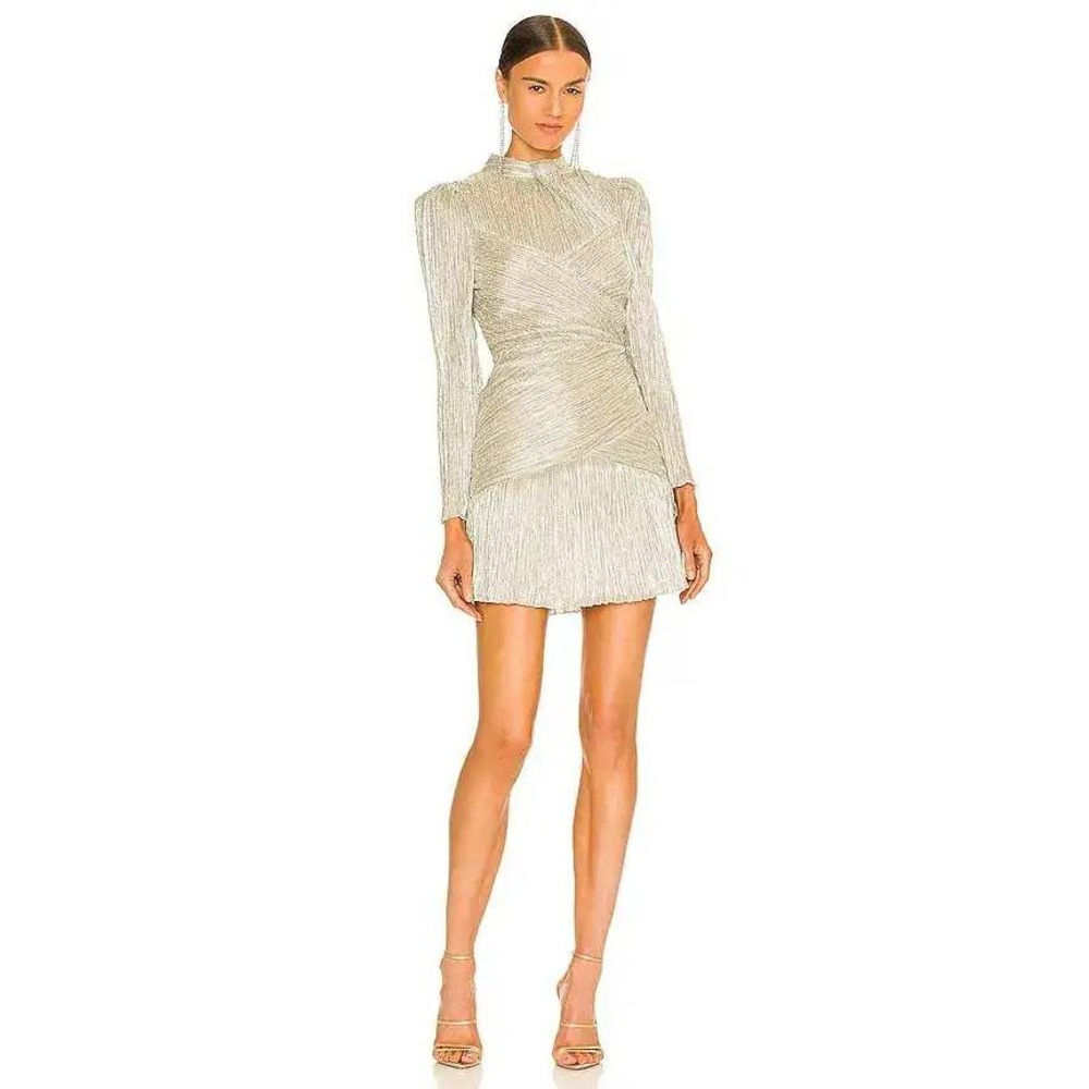 Saylor Saydee Metallic Pleated Lurex Mini Dress Mock Neck Long Sleeve Small